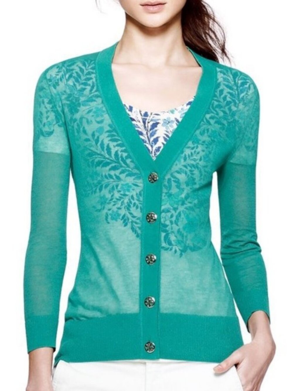 NWT Tory Burch Shrunken Simone Cardigan Teal Green Gold Embossed Buttons M